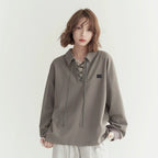 Two-Tone Tie-Front V-Neck Sweatshirt