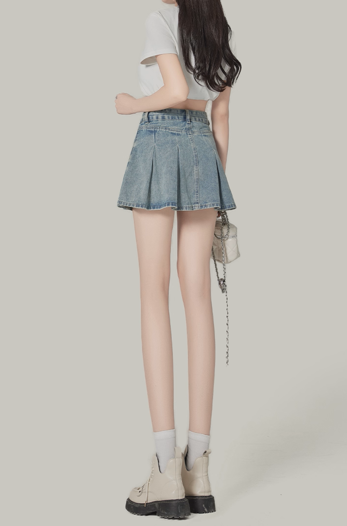 Retro Blue Denim A-Line Pleated Mini Skirt