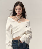 White Crossed Knit Halter Top