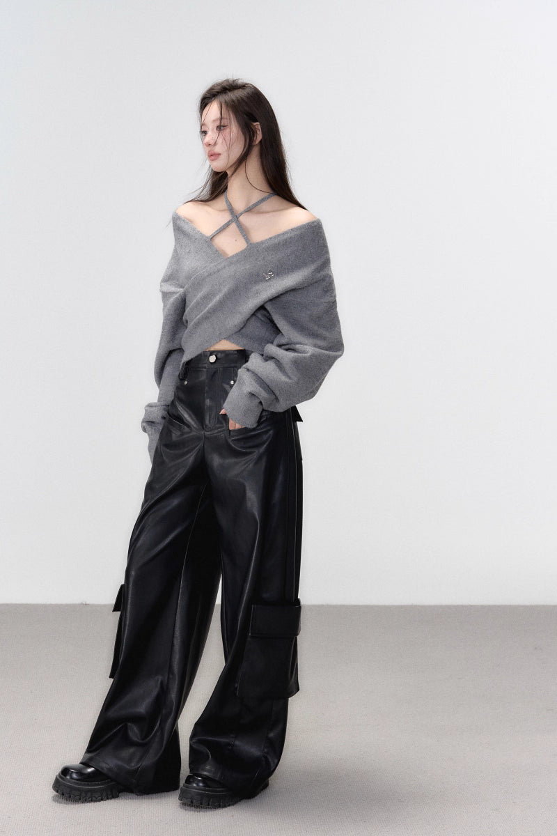 Grey Crossed Knit Halter Top