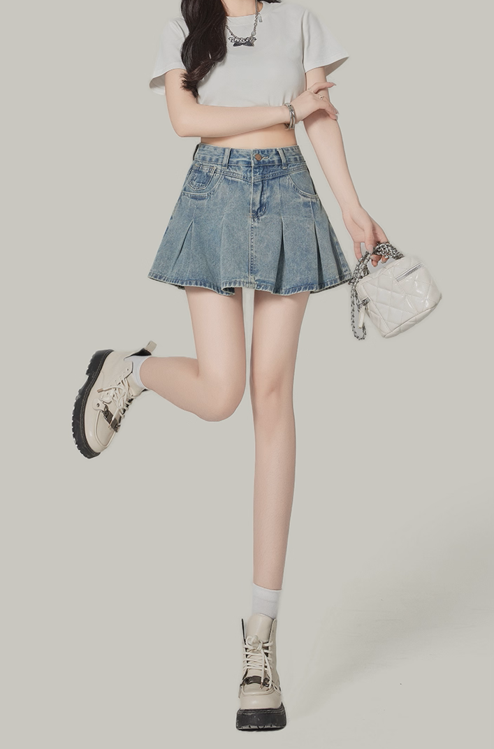 Retro Blue Denim A-Line Pleated Mini Skirt