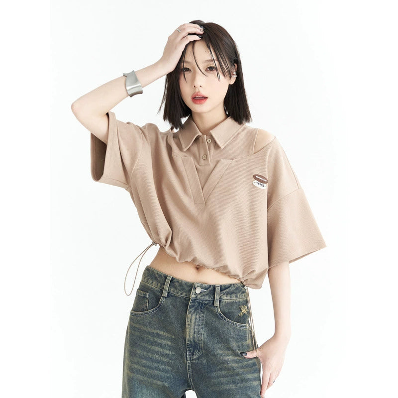 Pearl Bush Off-Shoulder Layered Crop Top with Drawstring