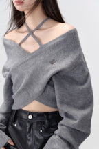Grey Crossed Knit Halter Top