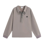 Two-Tone Tie-Front V-Neck Sweatshirt