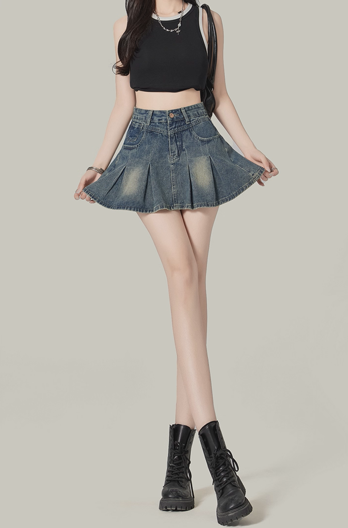 Retro Blue Denim A-Line Pleated Mini Skirt
