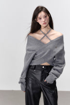 Grey Crossed Knit Halter Top