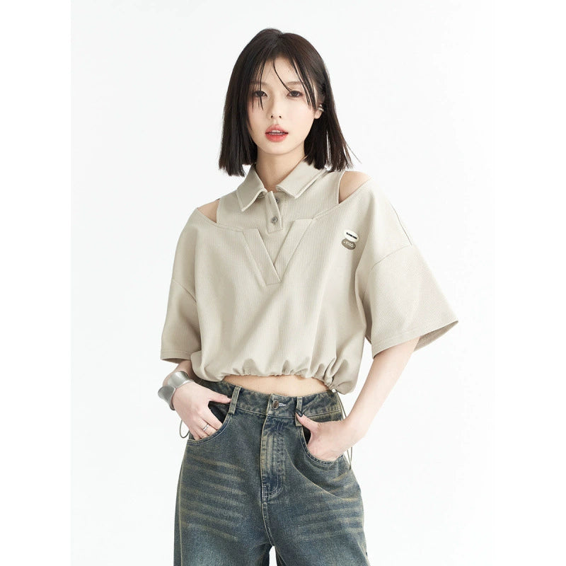 Pearl Bush Off-Shoulder Layered Crop Top with Drawstring