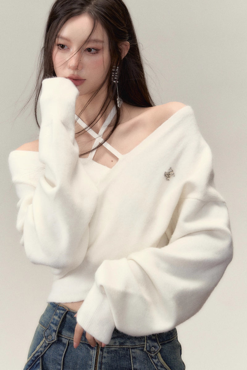 White Crossed Knit Halter Top