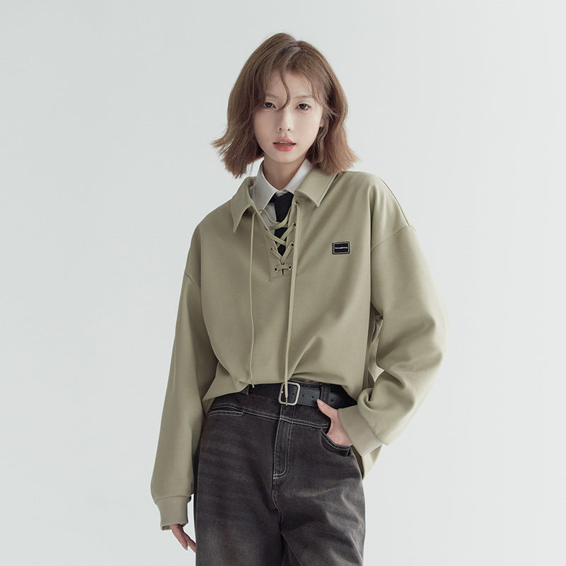 Two-Tone Tie-Front V-Neck Sweatshirt