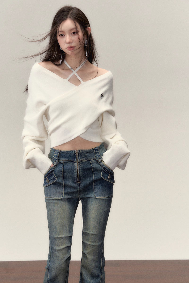 White Crossed Knit Halter Top