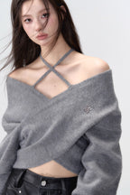 Grey Crossed Knit Halter Top