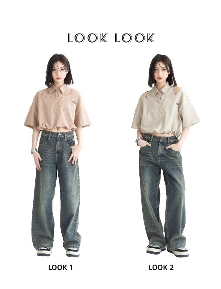 Pearl Bush Off-Shoulder Layered Crop Top with Drawstring