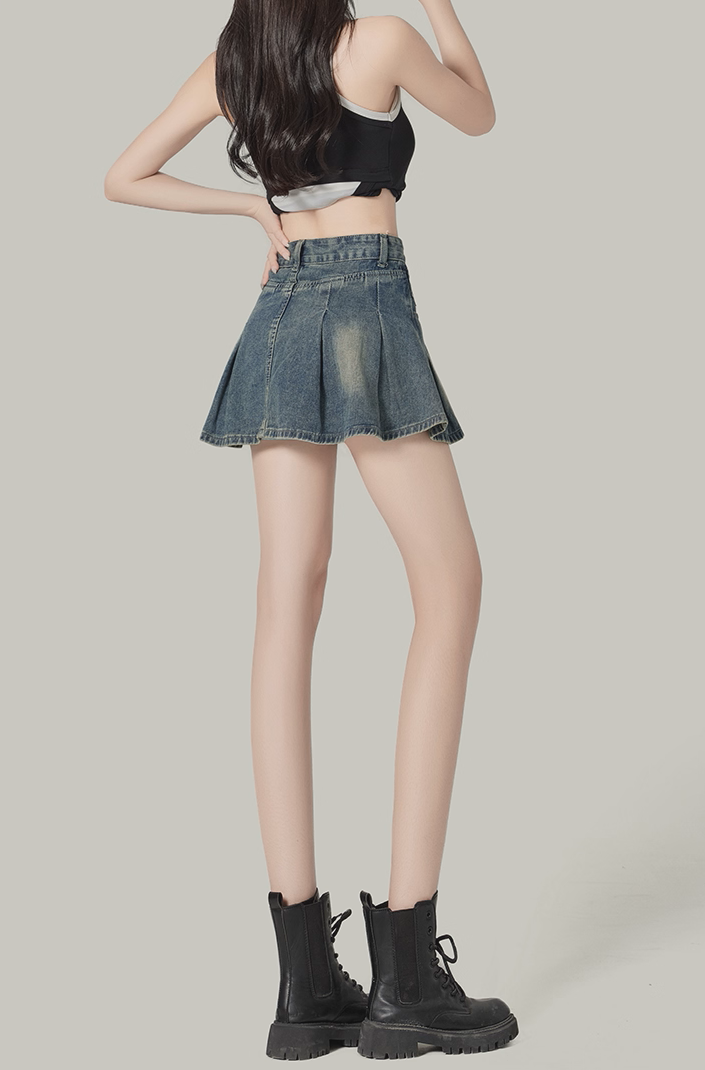 Retro Blue Denim A-Line Pleated Mini Skirt