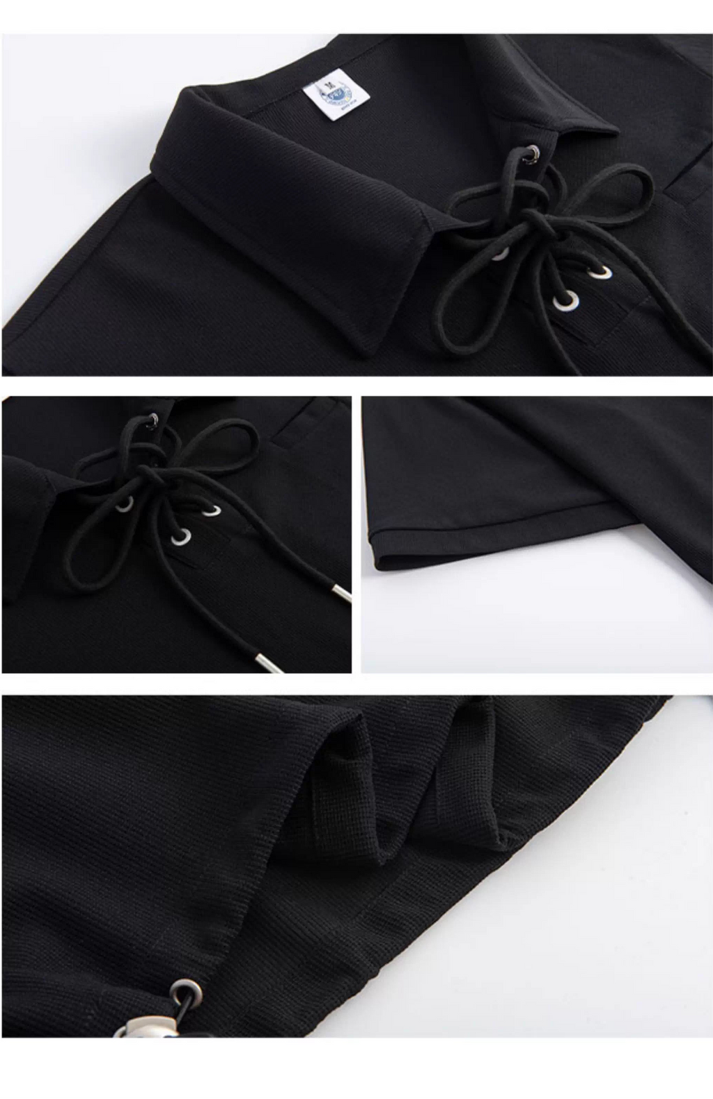 Waffle Knit Polo Collar Tie-Front Cropped T-Shirt