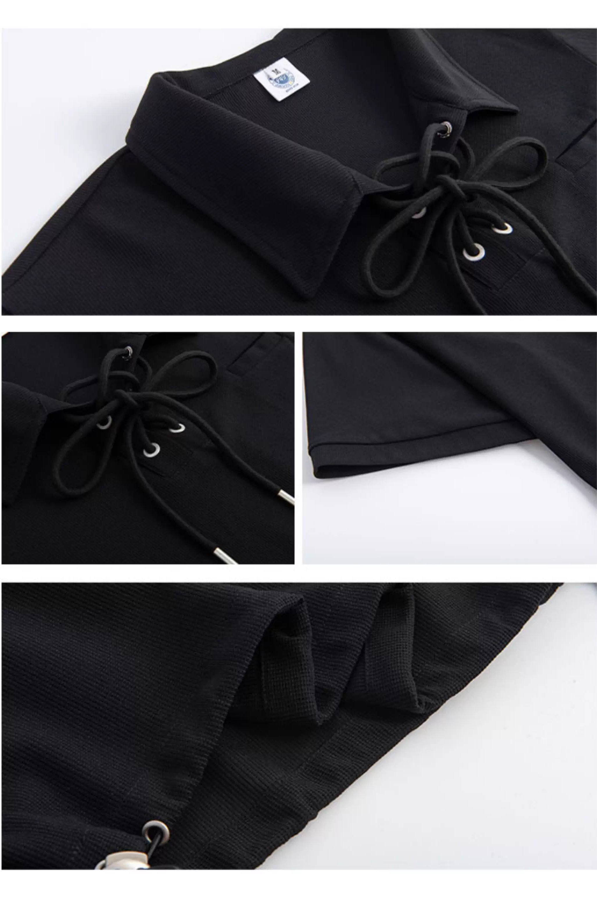 Waffle Knit Polo Collar Tie-Front Cropped T-Shirt