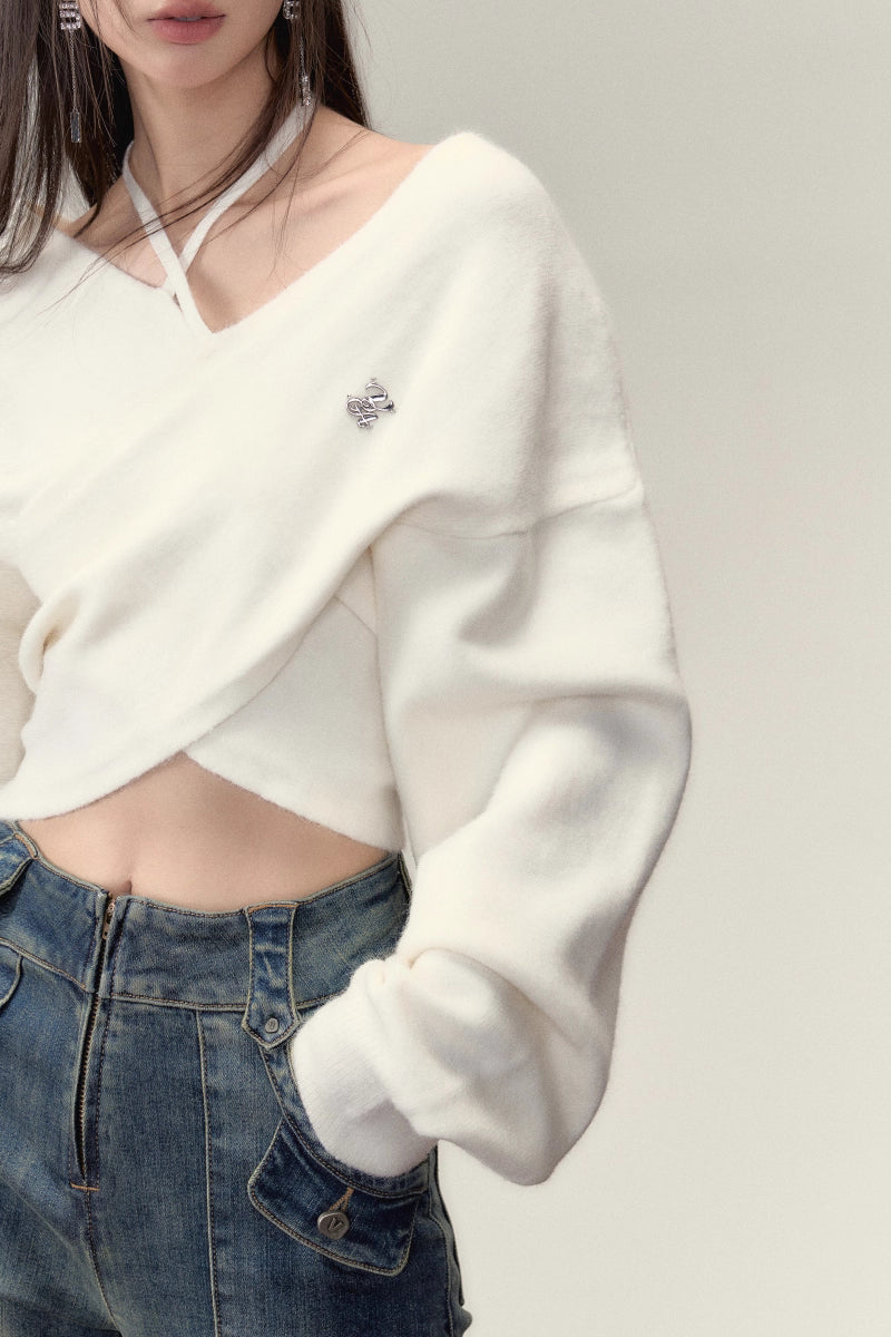 White Crossed Knit Halter Top