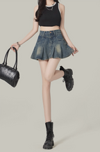 Retro Blue Denim A-Line Pleated Mini Skirt