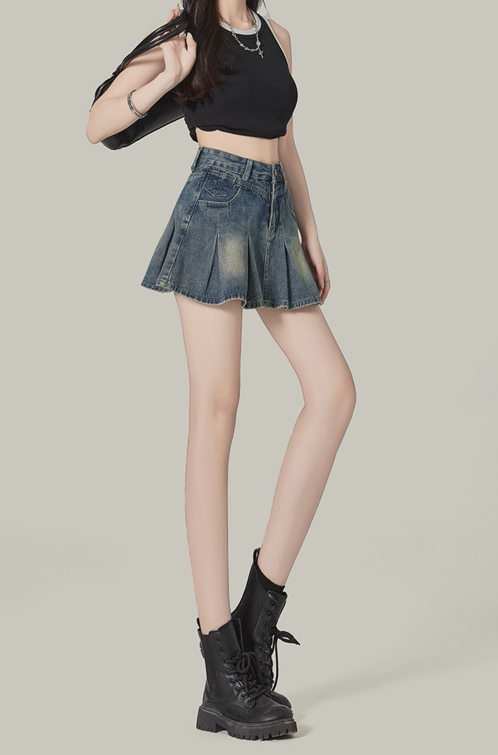 Retro Blue Denim A-Line Pleated Mini Skirt
