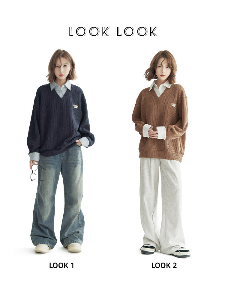 Shirt Collar Fake Two-Piece Sweater