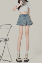 Retro Blue Denim A-Line Pleated Mini Skirt