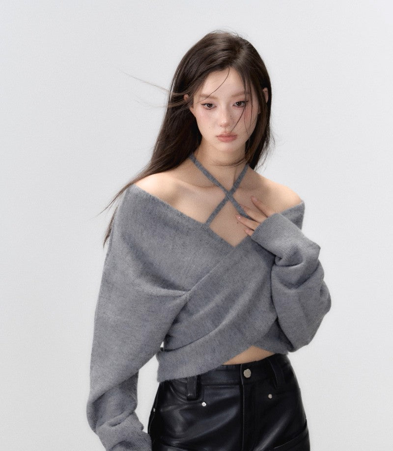 Grey Crossed Knit Halter Top