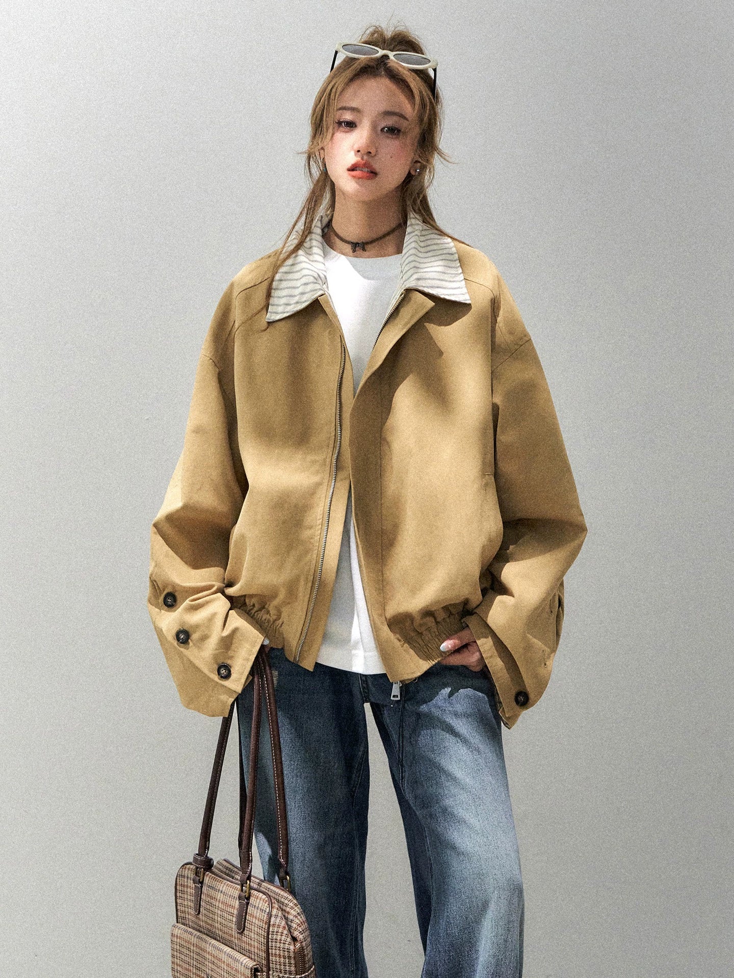 Spliced Stripe Turn-down Collar Jacket