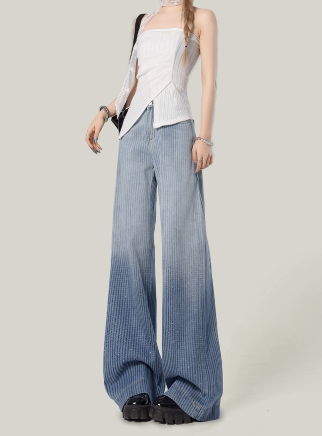 Embroidered Faded Wide-Leg Jeans