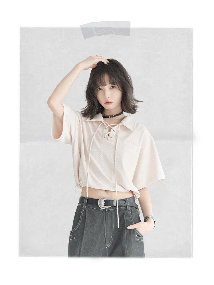 Waffle Knit Polo Collar Tie-Front Cropped T-Shirt