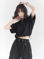 Waffle Knit Polo Collar Tie-Front Cropped T-Shirt