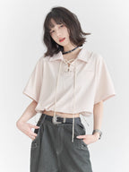 Waffle Knit Polo Collar Tie-Front Cropped T-Shirt