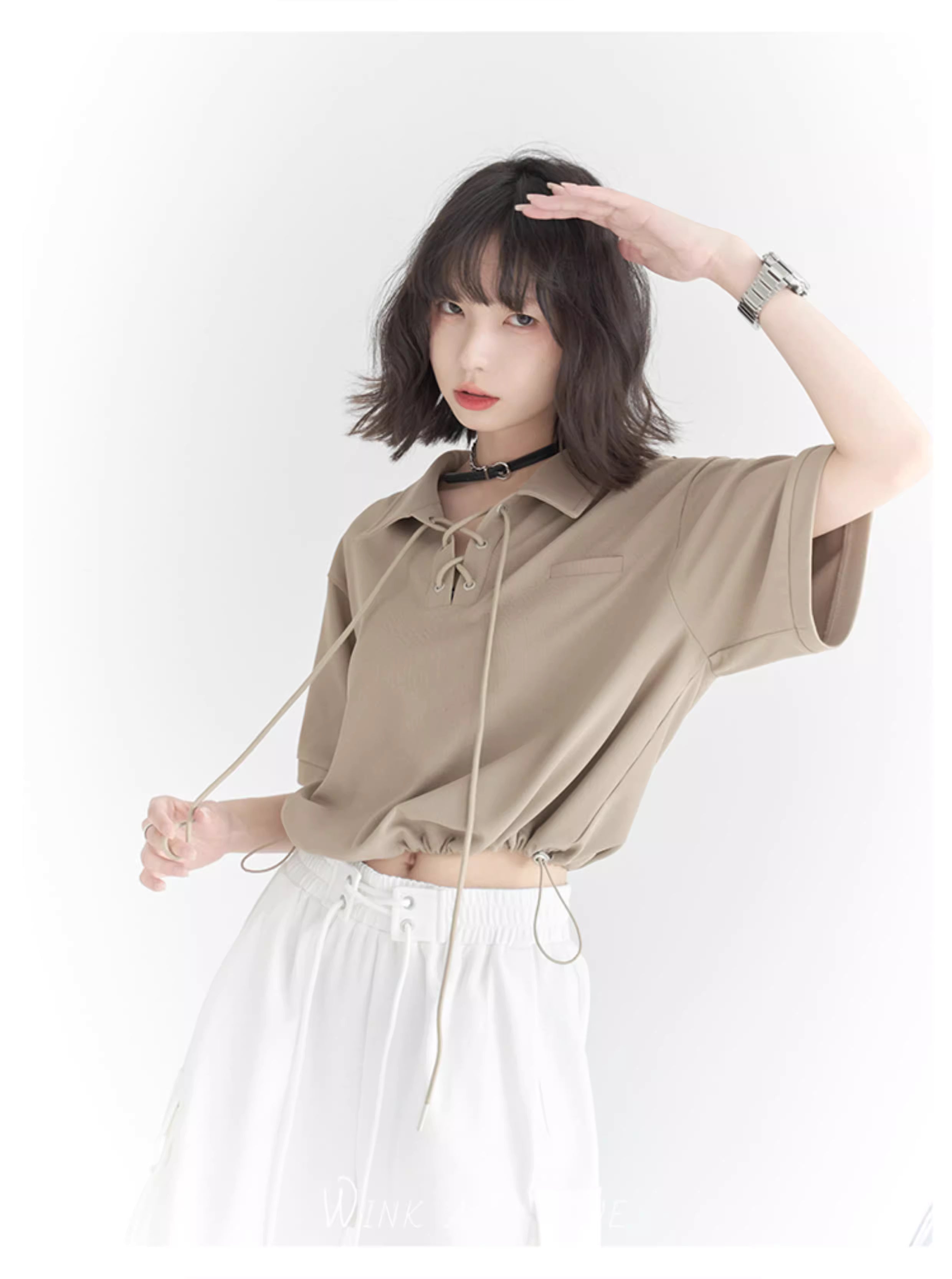 Waffle Knit Polo Collar Tie-Front Cropped T-Shirt
