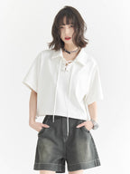 Waffle Knit Polo Collar Tie-Front Cropped T-Shirt